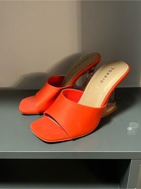 3 for $50 torrid Bright Orange Open-Toe Slide Mules with Clear Lucite Heel